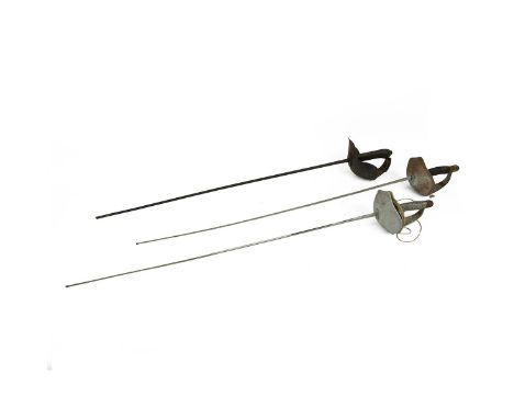 Three fencing sabres, one by Wilkinson (blade 89cm), one Leon Paul (88cm) and one unmarked (86cm). (3)