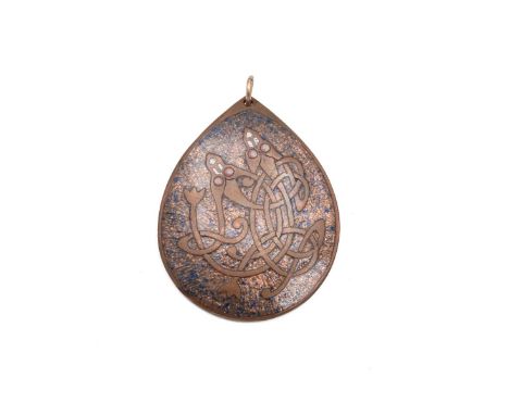 John Leman hand beaten enamelled pendant decorated with Celtic beasts. Signed to the verso.