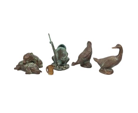 A collection of bronze figures to include: two pigs, one resting its head on the other recumbent; two geese a frog and a mini