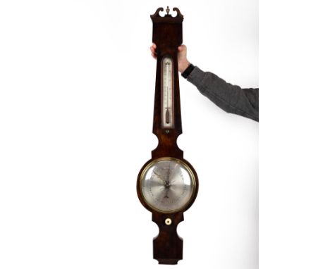 Early 19th century mercury banjo barometer in mahogany case with domed glass brass framed window to silvered dial engraved Bu