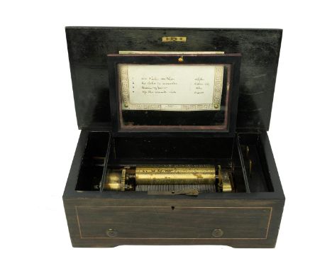19th Century Swiss music box, in rosewood case and playing 4 airs (including the Blue Danube) on a 5 inch (12.5cm) drum with 