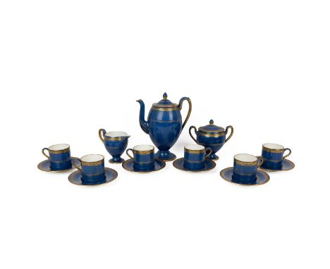 Wedgwood 1930's coffee set comprising coffee pot, cream, sugar and six cans with saucers, all with parcel gilt Greek Key patt