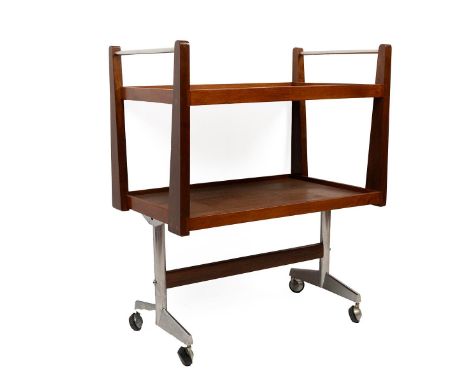 1970s two tiered teak and chrome push pull trolley, with chrome handrail raised on two chrome T supports terminating in caste