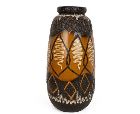 West German floor standing pottery vase of tapering form with raised rim decorated with a glazed band of light brown with sty
