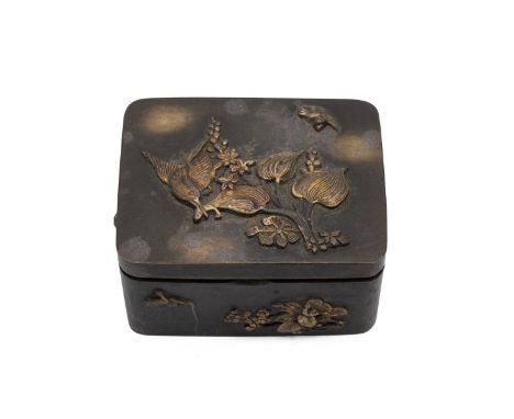 Small Japanese bronze box Miji period (1868-1912) the lid decorated with floral and naturalistic motifs. Makers seal to the b