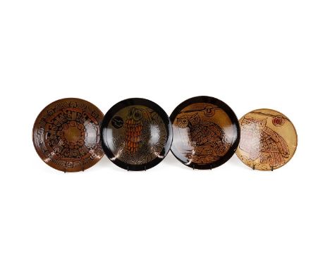 Poole Pottery Aegean Ware charges x 4, three with hand painted owl decoration, ranging in diameter from 35cm to 41.5cm. (4)