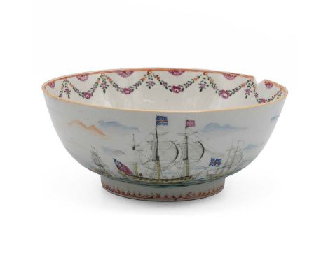 Naval Interest - Late 18th or early 19th Century Qianlong Chinese famille rose punch bowl decorated with Compagnie des Indes 