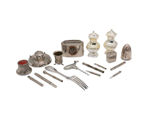 Collection of silver plated items to include 4 x inkwells, to include travelling example; 7 x pencils; a Reading Savings Bank