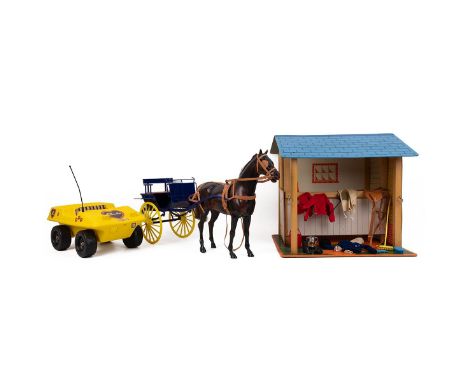Vintage Sindy Doll Horse and Gig, stable, clothing and buggy.