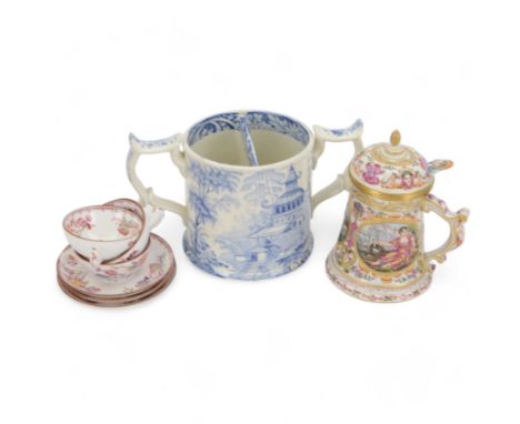 Set of three French Sarreguemines cups and saucers, together with Capodimonte style tankard with hinged cover and blue and wh