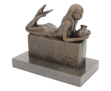 Bronze Aquarius figure, modelled as a nude female figure holding a water jug, signed Pino to base, upon marble plinth, H20cm 