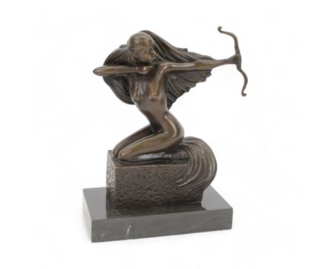 Bronze Sagittarius figure, modelled as a nude female figure with bow and arrow, signed Pino to base, upon marble plinth, H25c