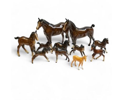 Ten Beswick horse figures, including Large Shire Foal no 951, Hackney Horse no 1361, Shetland foal no 1034 etc