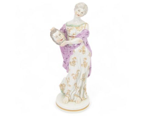 Late 19th century Dresden style figure of Melpomene, modelled as a female figure in neoclassical dress, holding a mask, H24cm