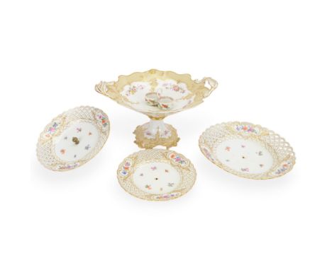 19th century Meissen porcelain double salts with ring handles, together with Meissen cake stand with pierced edge and Ridgway