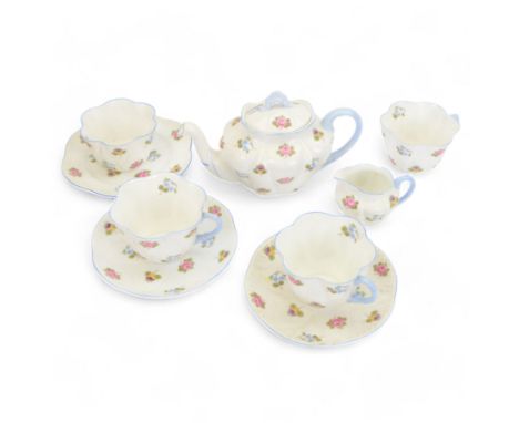 Shelley Rose Pansy Forget me not tea service, comprising tea pot, milk jug, sugar bowl, three cups, two saucers and one desse