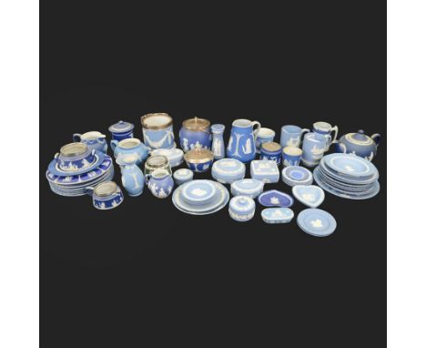 Collection of Wedgwood and similar Jasperware, including plates, jardenairs, jugs, mugs etc 