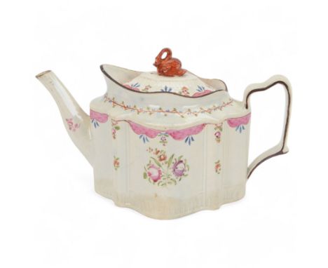 Late 18th century Newhall commode shaped teapot, the body with enamelled floral sprigs and pink borders, the cover with red s