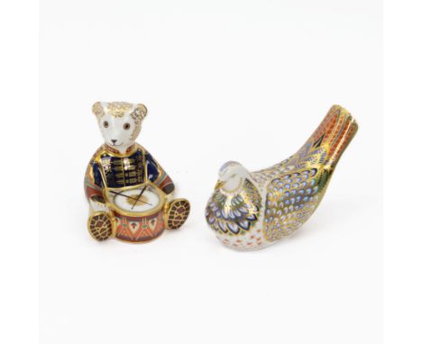 Two Royal Crown Derby paperweights, comprising Millennium Dove with gold stopper and Drummer Bear with gold stopper, both wit