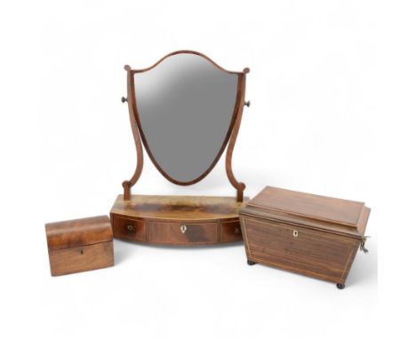 19th century inlaid wooden toilet mirror, of shield form, about three drawers centre drawer with bone escutcheon, together wi