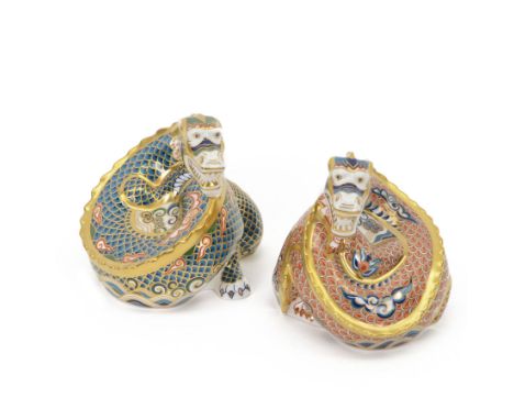 Two Royal Crown Derby paperweights, comprising Dragon of Happiness with gold stopper, limited edition 53/1500 and Dragon of G