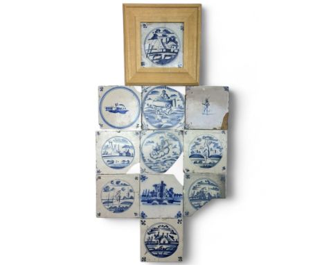 Collection of eleven 19th century blue and white Delft tiles, each tile decorated in different patterns, including figures, l