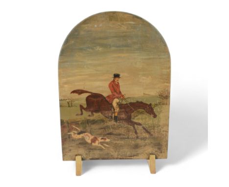 Late 19th/early 20th century arched wooden fire screen, naively painted with hunting scene, H68cm