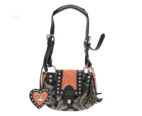 Vivienne Westwood shoulder handbag, the canvas body with black and grey animal print design, with tan and black leather studd