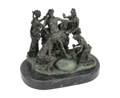 Bronze figure group, modelled as four female figures in neoclassical dress bathing a seated male, upon an oval base, H26cm