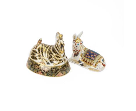 Two Royal Crown Derby paperweights, Comprising Thistle Donkey, with gold stopper and  ox and Zebra with gold stopper 