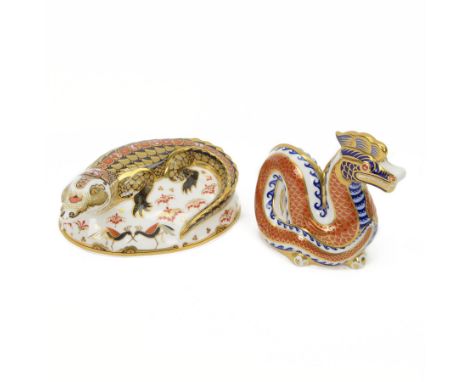 Two Royal Crown Derby paperweights, comprising Crocodile, with gold stopper and original box and Imari Dragon with gold stopp