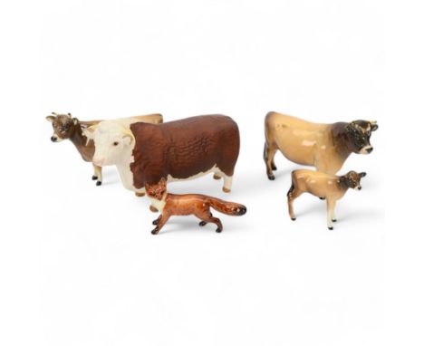 Five Beswick figures, Jersey family group; Bull Ch. Dunsley Coy Boy, model 1422, Cow Ch. Newton Tinkle, model 1345 and Calf, 