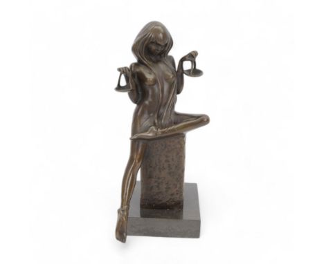 Bronze Libra figure, modelled as a nude female figure holding balances, signed Pino to base, upon marble plinth, H30cm