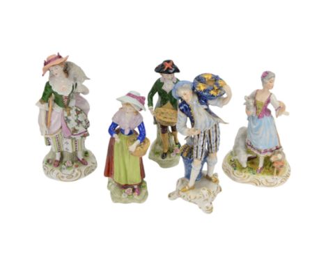 Sitzendorf figure modelled as a shepherdess, together with pair of apple sellers and other continental figures