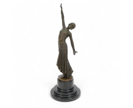 Art Deco style bronze figure, depicting a female dancer, upon a black circular stepped marble plinth, after Dimetri H Chiparu