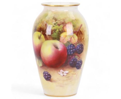 Royal Worcester fruit painted vase, hand painted apples and blackberries, shape no 461 signed N Price, H11cm