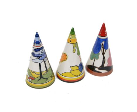 Three Clarice Cliff by Wedgwood sugar shakers, in Autumn, Blue Firs and Cornwall pattern 