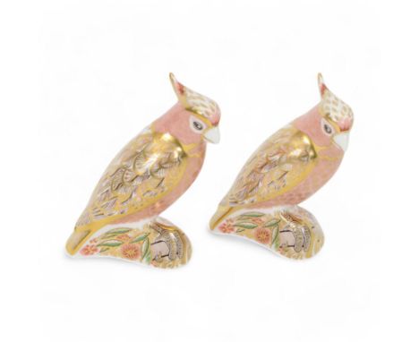 Two Royal Crown Derby paperweights, both modelled as a Cockatoo, with gold stoppers, both with original boxes  