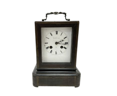 Potonie of Paris - early 19th century c1820 French pendule D'officier campaign clock, in a rectangular ebonised case with car