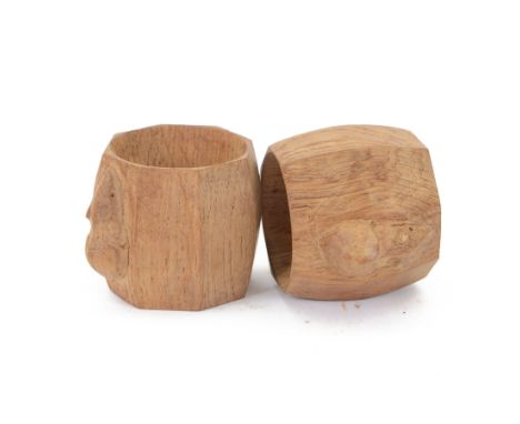 Mouseman - two oak napkin rings, bulbous octagonal form carved with mouse signature, by the workshop of Robert Thompson, Kilb