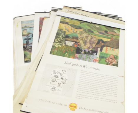 Collection thirty seven vintage county guide posters produced by Shell, H76cm, W51cm