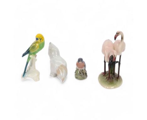 Keramos figure group of Flamingos, together with Royal Copenhagen bird no 1516, Llardo Hen no 1041 and Geobel Parrot