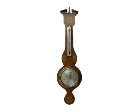 20th century- replica 19th century Sheraton barometer by Comitti of London, case with a broken pediment, rounded base and con