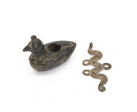 Small iron oil lamp, modelled as a bird with carved foliate and geometric detail throughout, H6.5cm L8cm, together with a ser