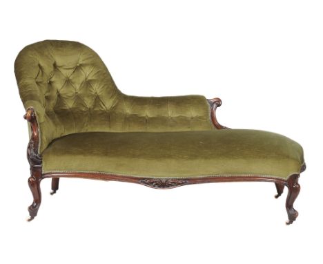 A Victorian walnut frame chaise longue, circa 1880  A Victorian walnut frame chaise longue,   circa 1880, with scroll carved 