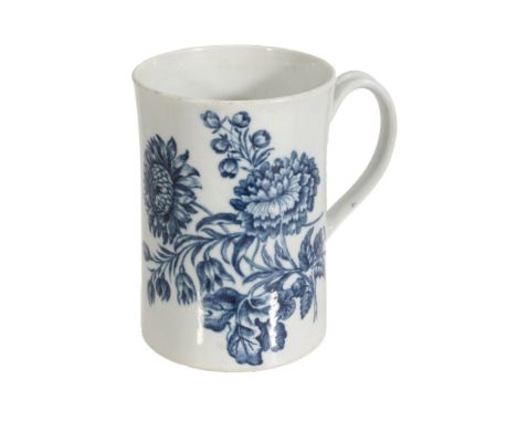 A Worcester porcelain blue and white mug, circa 1770, decorated with the  A Worcester porcelain blue and white mug,   circa 1