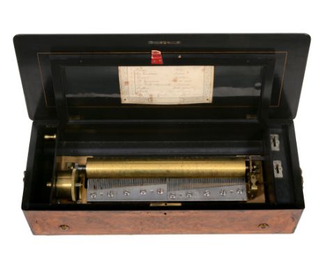 A Swiss inlaid burr walnut music box, unsigned , late 19th century  A Swiss inlaid burr walnut music box, unsigned  , late 19