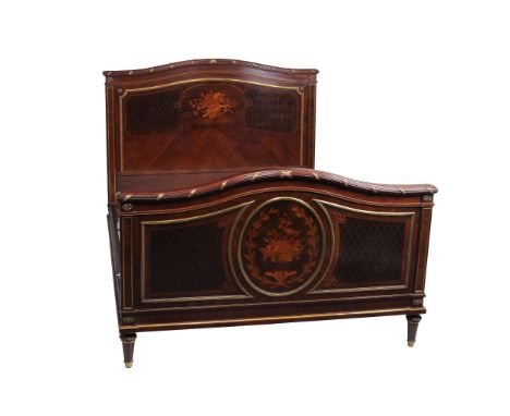 A French mahogany and marquetry double bed, second half 19th century  A French mahogany and marquetry double bed,   second ha