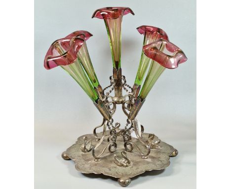 Victorian silver plated five piece table epergne/centre piece, having shaped base on ball feet with swimming swans and green 