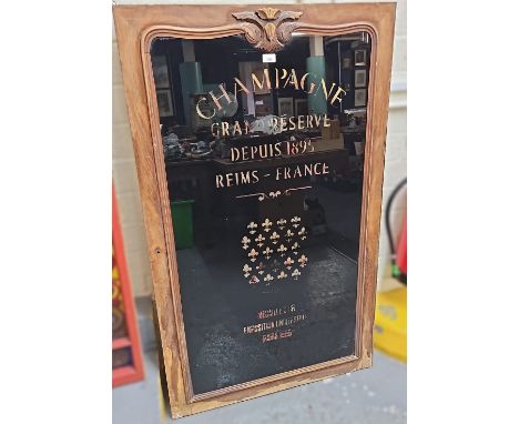 French Champagne advertising framed glass panel, marked Champagne Grande Reserve De Puis 1895 Reims-France, in moulded walnut